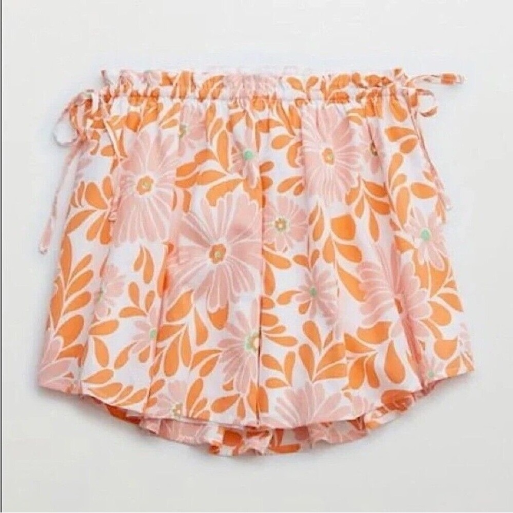 Aerie Floral Cotton Mini Skirt Women's Small Pink Orange Floral Side Ties
